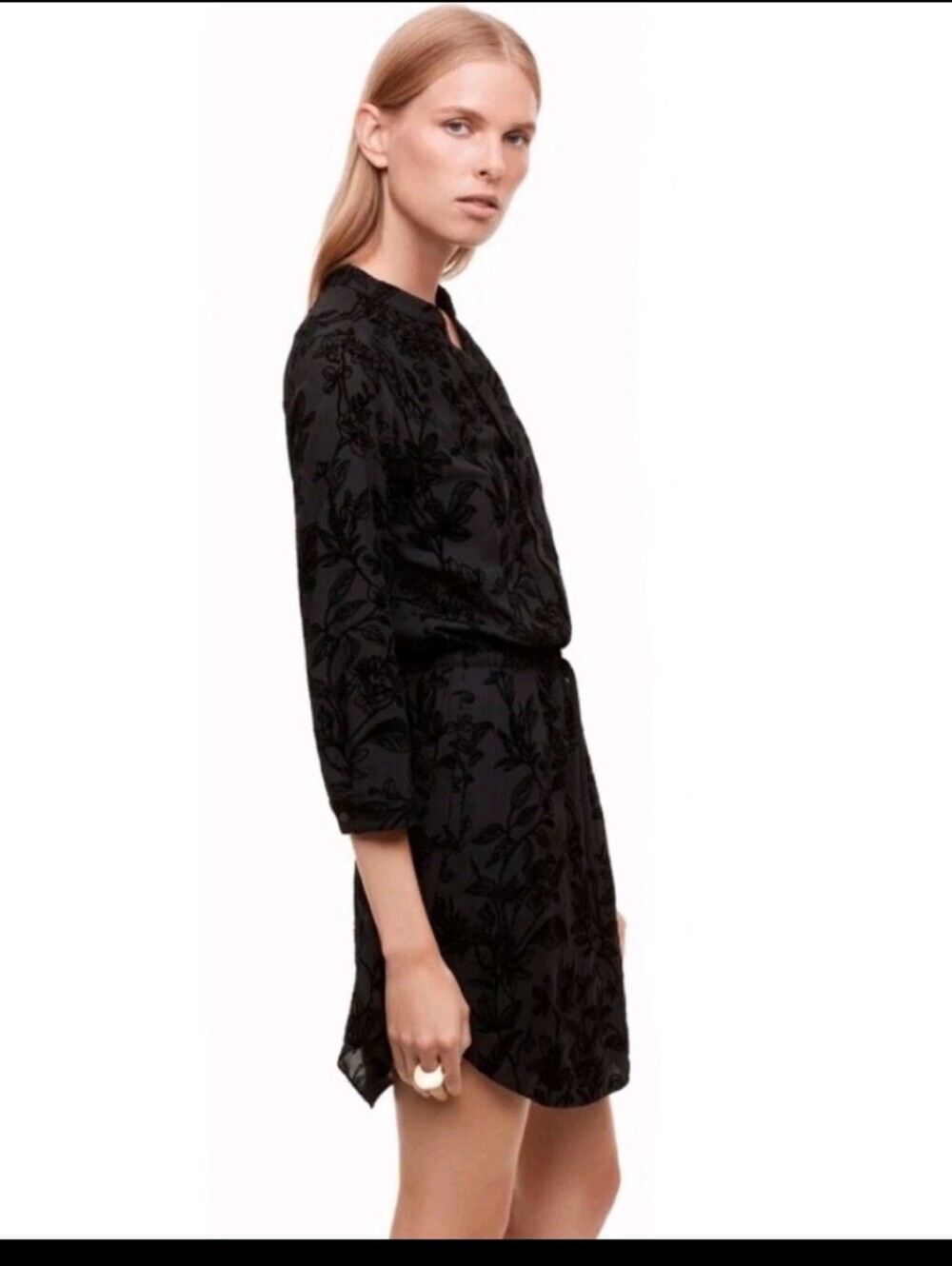 ARITZIA BABATON Floral Black Mini Dress Size Small 3/4 Sleeves Velvet Details